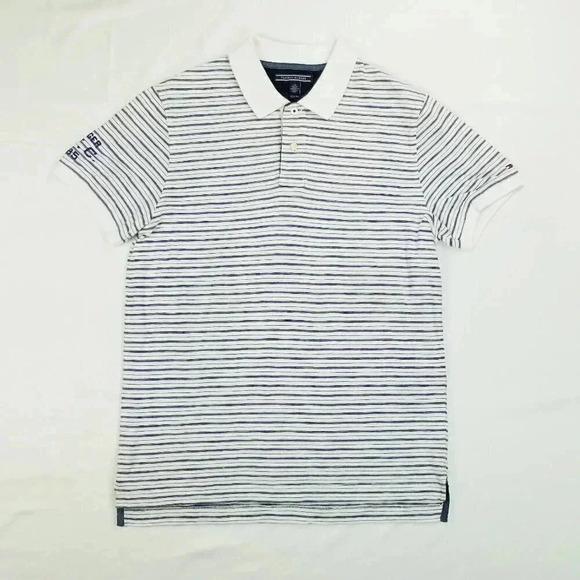 Tommy Hilfiger Slim Fit Sz Large Cotton White Blue Striped Embroidered NYC Logo - Picture 1 of 9